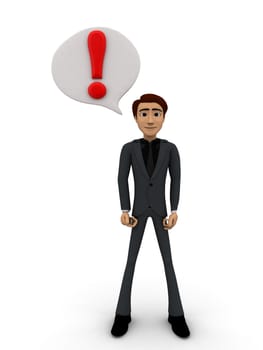 3d man with exclamation mark in chat bubble concept on white background, front angle view