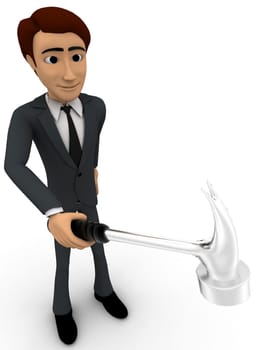 3d man holding hammer in one hand concept on white background, top angle view