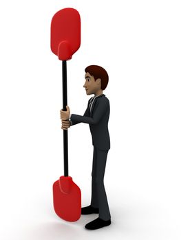 3d man holding boat paddle in hands concept on white background, side angle view