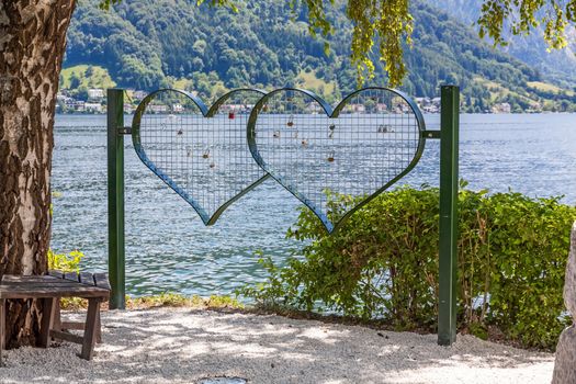 heart shaped grids for locks - wedding day, marriage, love oath at Castle Ort, Lake Traunsee in Gmunden, Austria