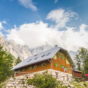 Aljaz Lodge in the Vrata Valley, a mountain hut that lies near the stream Triglav Bistrica in the upper end of the Vrata Valley in Triglav National Park in Julian Alps, Slovenia, Europe.