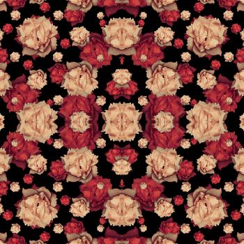Digital collage and manipulation technique modern geometric floral seamless pattern in warm colors and black background.