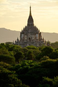 Scenic view of ancient Bagan temple during golden hour, Bagan, Myanmar