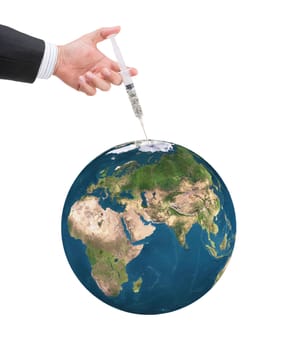 hand holding syringe filled with currency on white background.Elements of this image furnished by NASA.