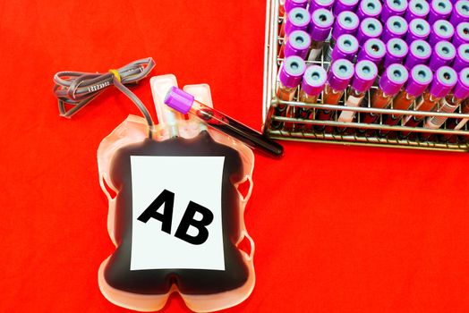 Close up bag of blood and plasma and rubber tube isolated on Red background