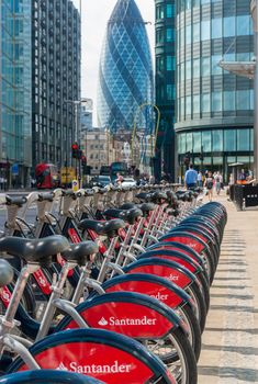 LONDON, UK - JUNE 12: Detail of Boris bikes in line. June 12, 2015 in City of London. On 27 February 2015, Mayor Boris Johnson secured Santander's sponsorship on the bike's scheme to replace Barclays bank