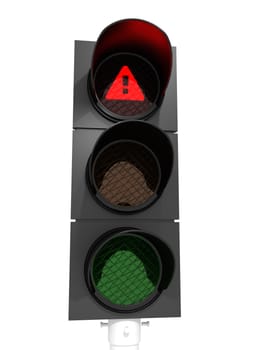 Danger, warning, traffic light showing a red light with exclamation mark.