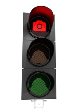 Don't take pictures. A traffic light with burning red light containing a photo camera