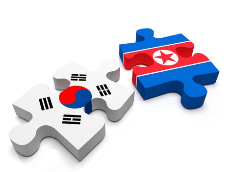 North Korea - South Korea -  2 jigsaw puzzle pieces, 1 containing the flag of North Korea, the other of South Korea. Isolated on a white background.