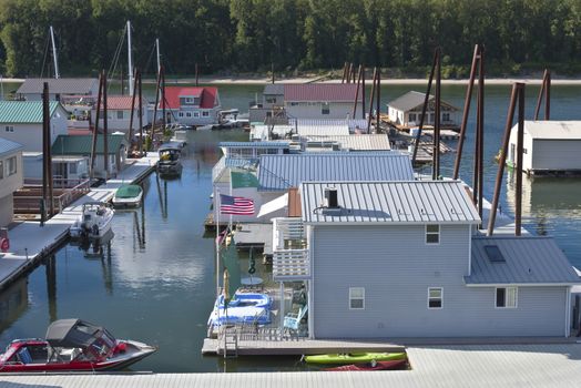 Floating houses neighborhood on the Columbia River Oregon.