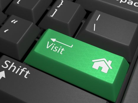 Visit Key on Keyboard - A keyboard containing a green key with the text Visit and a home sign.