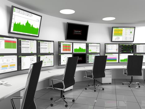 Security Operations Center - SOC containing monitors with statistics. A security operations center (SOC) is a centralized location that deals with security issues. A SOC is normally located within a building or facility. Staff supervises from here, the site, using data processing technology.