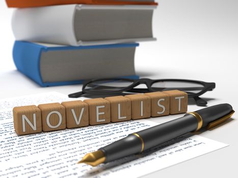 Novelist - dices containing the word novelist, a book, glasses and a fountain pen.