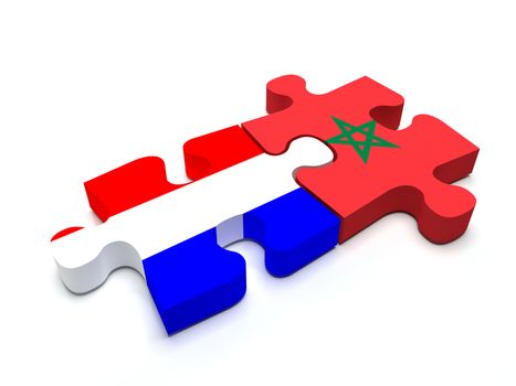 Puzzle pieces connect a piece containing the dutch flag and the Moroccan flag.