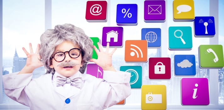 Cute pupil dressed as scientist against bright white room with windows