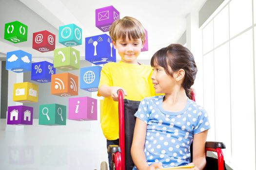 Cute pupils at the library  against modern white room with window