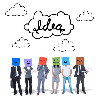 People with boxes on their heads against idea and innovation graphic