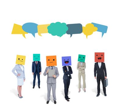 People with boxes on their heads against speech bubbles