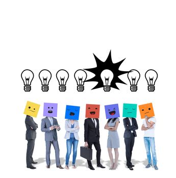 People with boxes on their heads against idea and innovation graphic