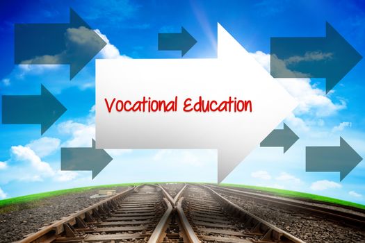 The word vocational education and arrow against railway leading to blue sky