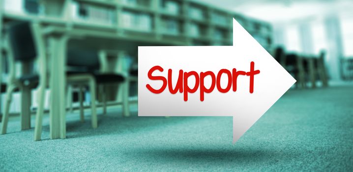 The word support and arrow against volumes of books on bookshelf in library