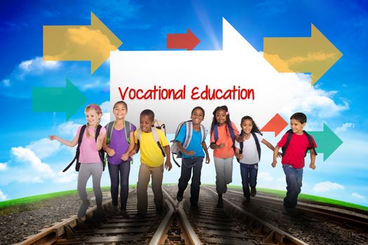 The word vocational education and elementary pupils running against railway leading to blue sky
