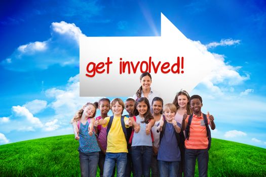 The word get involved! and cute pupils smiling at camera in the hall  against green hill under blue sky