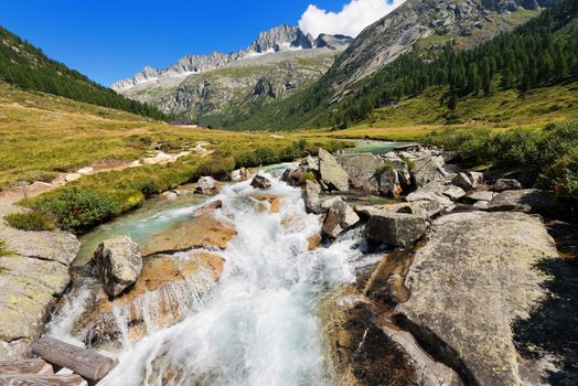 Peak of Care Alto (3462 m) and Chiese river in the National Park of Adamello Brenta seen from the Val di Fumo. Trentino Alto Adige, Italy