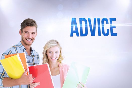 The word advice and happy students smiling at camera  against grey background