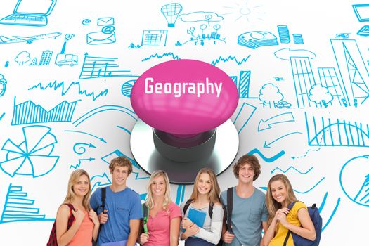 The word geography and smiling students wearing backpacks and holding books in their hands against pink push button