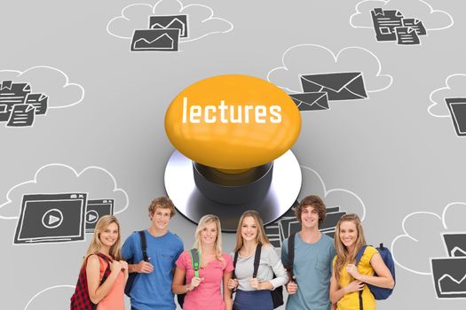 The word lectures and smiling group with backpacks on as they smile against yellow push button