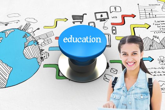 The word education and student using tablet pc against blue push button