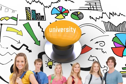 The word university and a woman standing in front of his friends as she smiles against yellow push button