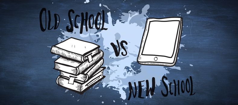 Old school vs new school doodle against blue chalkboard