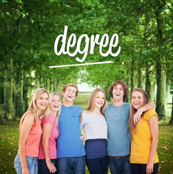 The word degree and a group of friends holding each other and smiling against walkway along lined trees in the park