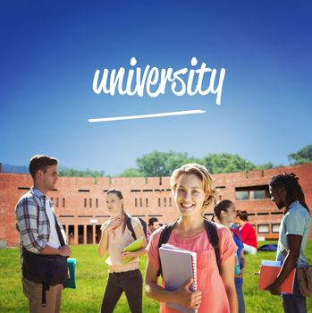 The word university and happy students outside on campus  against students using laptop in lawn against college building