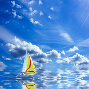 Sea and ocean. Sailboat floats on the ocean of fantasy.