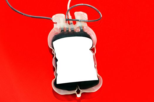 Close up bag of blood and plasma and rubber tube isolated on Red background