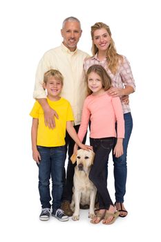 Happy family with their pet dog on white background