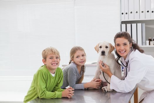 Smiling vet examining a dog with its owners in medical office