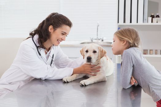 Smiling vet examining a dog with its owner in medical office