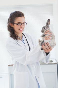 Happy vet petting a cut bunny in medical office