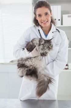 Smiling vet with a maine coon in her arms in medical office