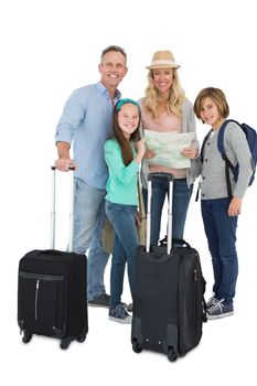 Tourist family consulting the map on white background