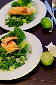 Delicious Roasted Salmon with Sweet Pea, Leek and Salad Romano on White Plates closeup on Dark Wooden background. Focus on Foreground