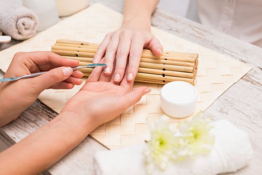 Nail technician giving customer a manicure at the beauty salon