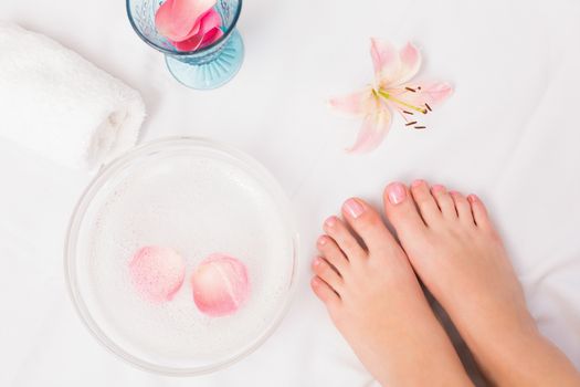 Womans feet after a pedicure at the beauty salon