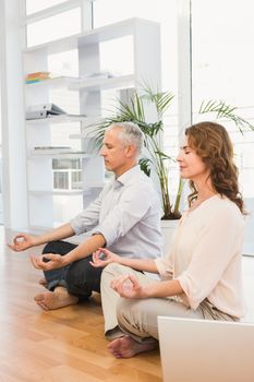 Peaceful casual business colleagues meditating in the office