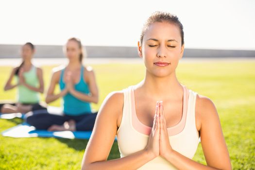 Peaceful sporty brunette doing yoga with her friends in parkland