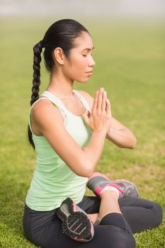 Peaceful sporty woman doing the lotus pose in parkland